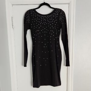 Moda International Black Rhinestone Embellished Long Sleeve Bodycon Dress